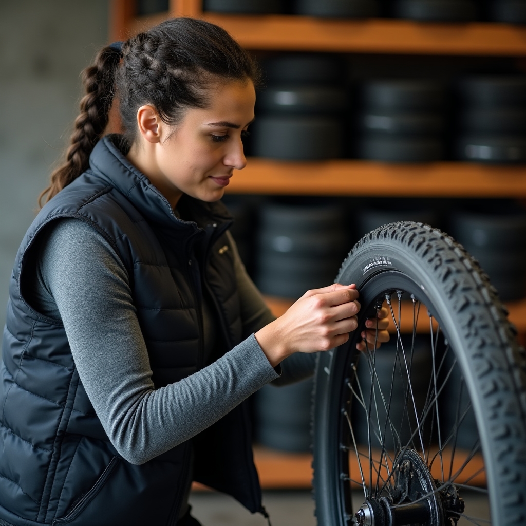 Mechanik zmieniający oponę rowerową na sezon w warsztacie serwisowym